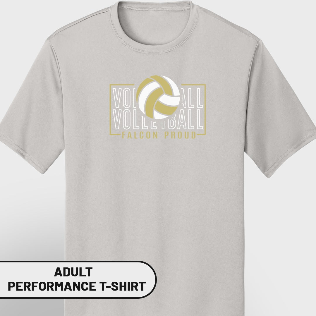Light gray adult performance t-shirt with volleyball graphic and "Falcon Proud" text.