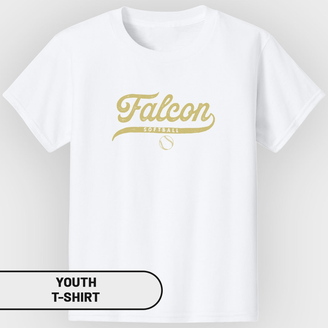 White youth t-shirt with gold "Falcon Softball" text and graphic.