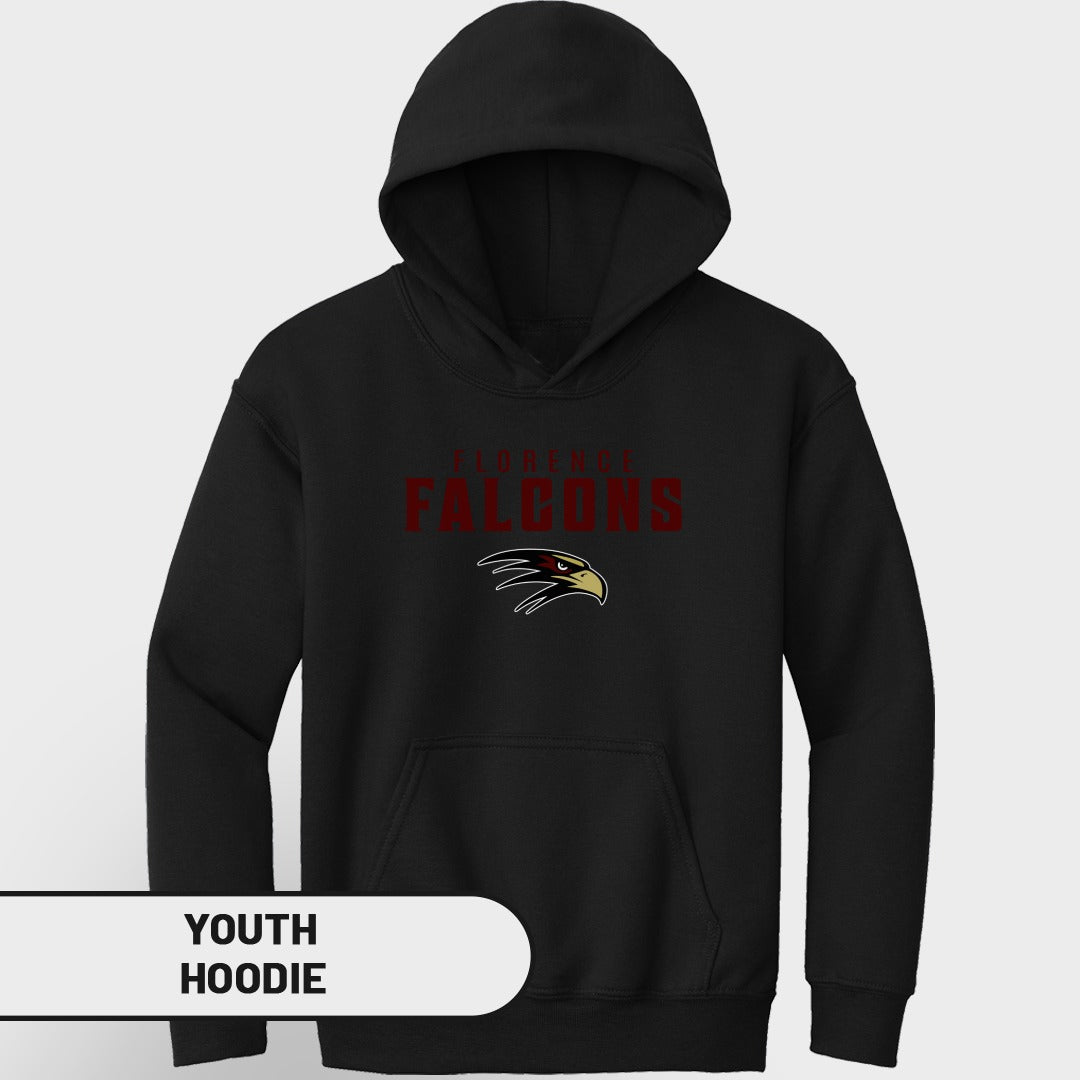 Black youth hoodie with "FLORENCE FALCONS" text and falcon graphic.
