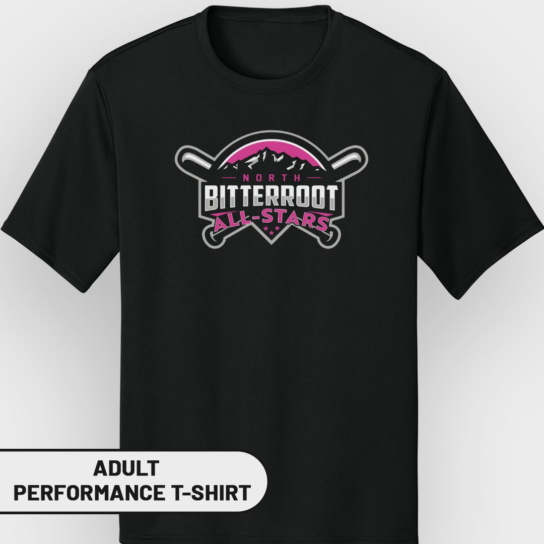 Black t-shirt with "North Bitterroot All-Stars" logo and "Adult Performance T-Shirt" text.