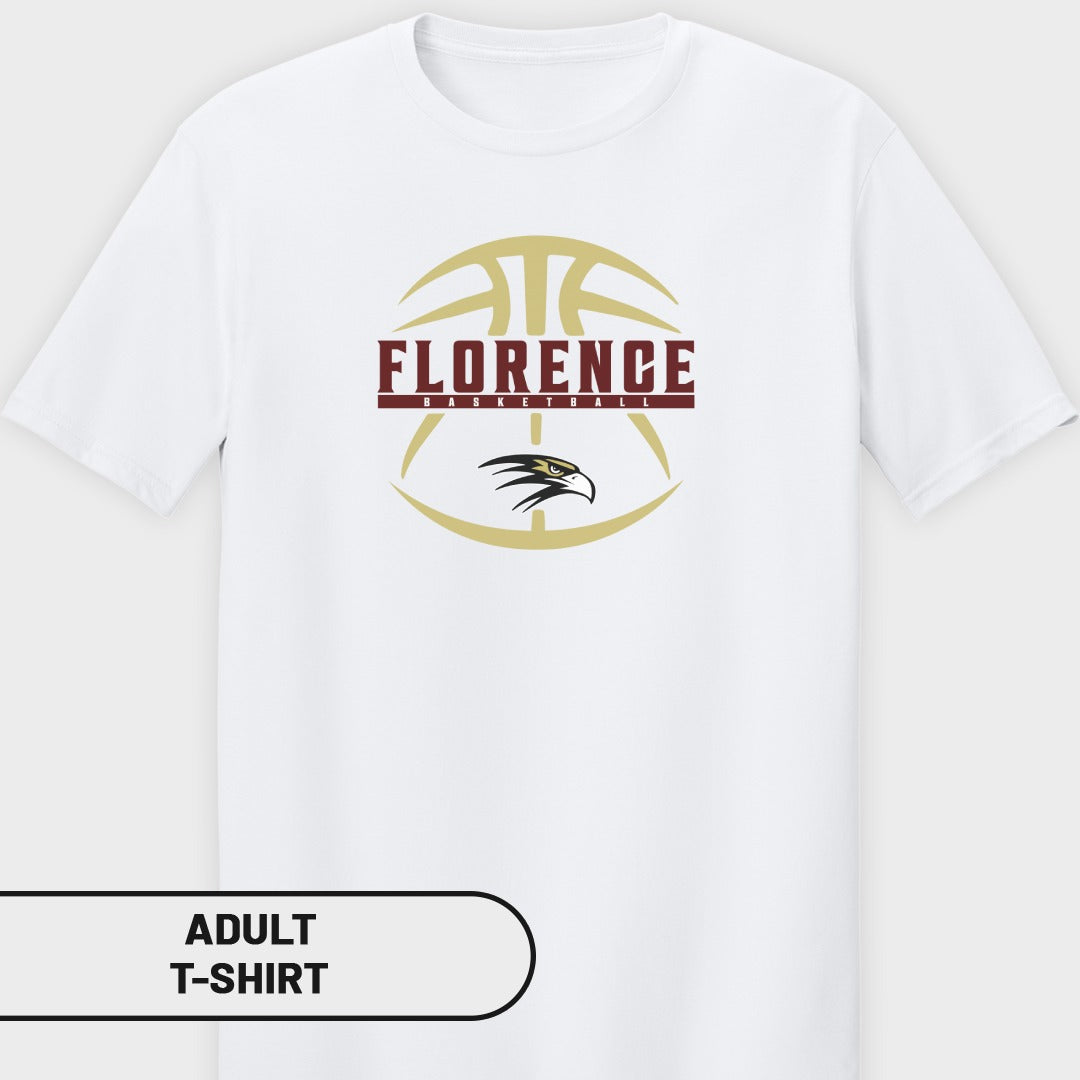 White adult t-shirt with Florence Basketball logo featuring an eagle and basketball design.