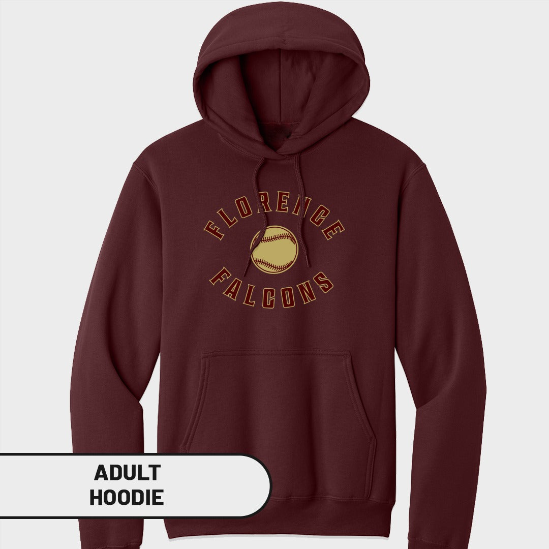 Maroon adult hoodie with "Florence Falcons" text and baseball graphic.