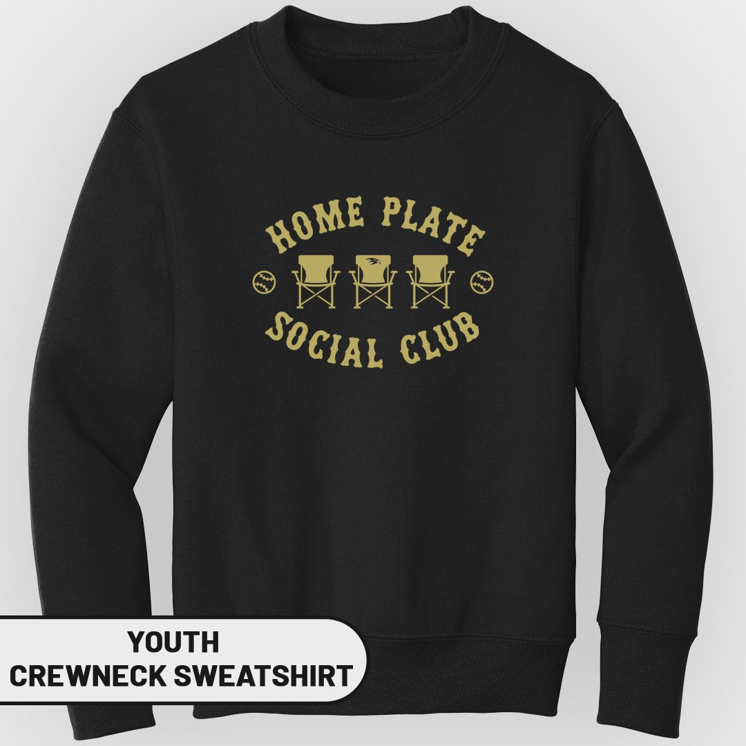 Youth black crewneck sweatshirt with gold "Home Plate Social Club" text and three chairs.