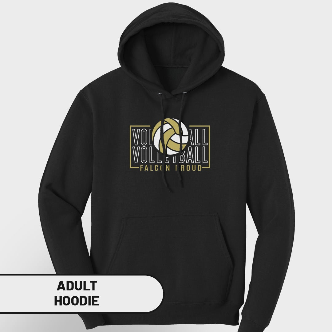 Black adult hoodie with volleyball graphic and text "Volleyball Falcon Iroud".