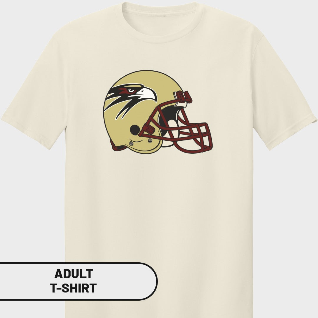 Adult t-shirt with a gold football helmet featuring a hawk logo and maroon facemask.