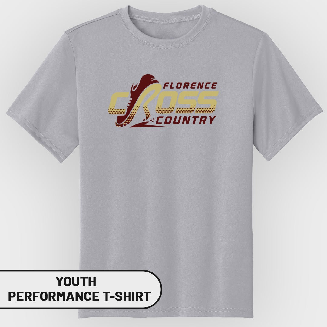 Grey youth performance t-shirt with "Florence Cross Country" text and shoe logo.