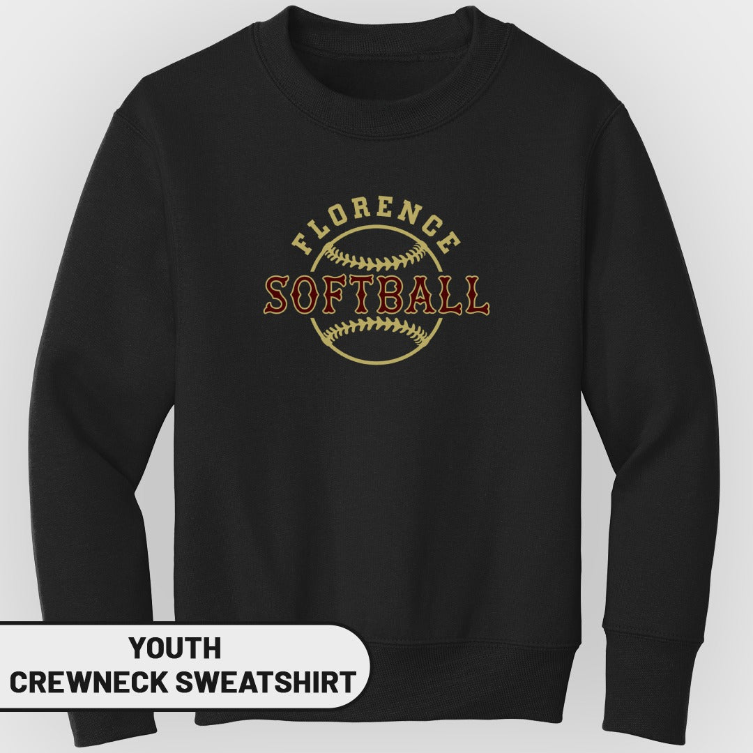 Black youth crewneck sweatshirt with "Florence Softball" graphic on a baseball.