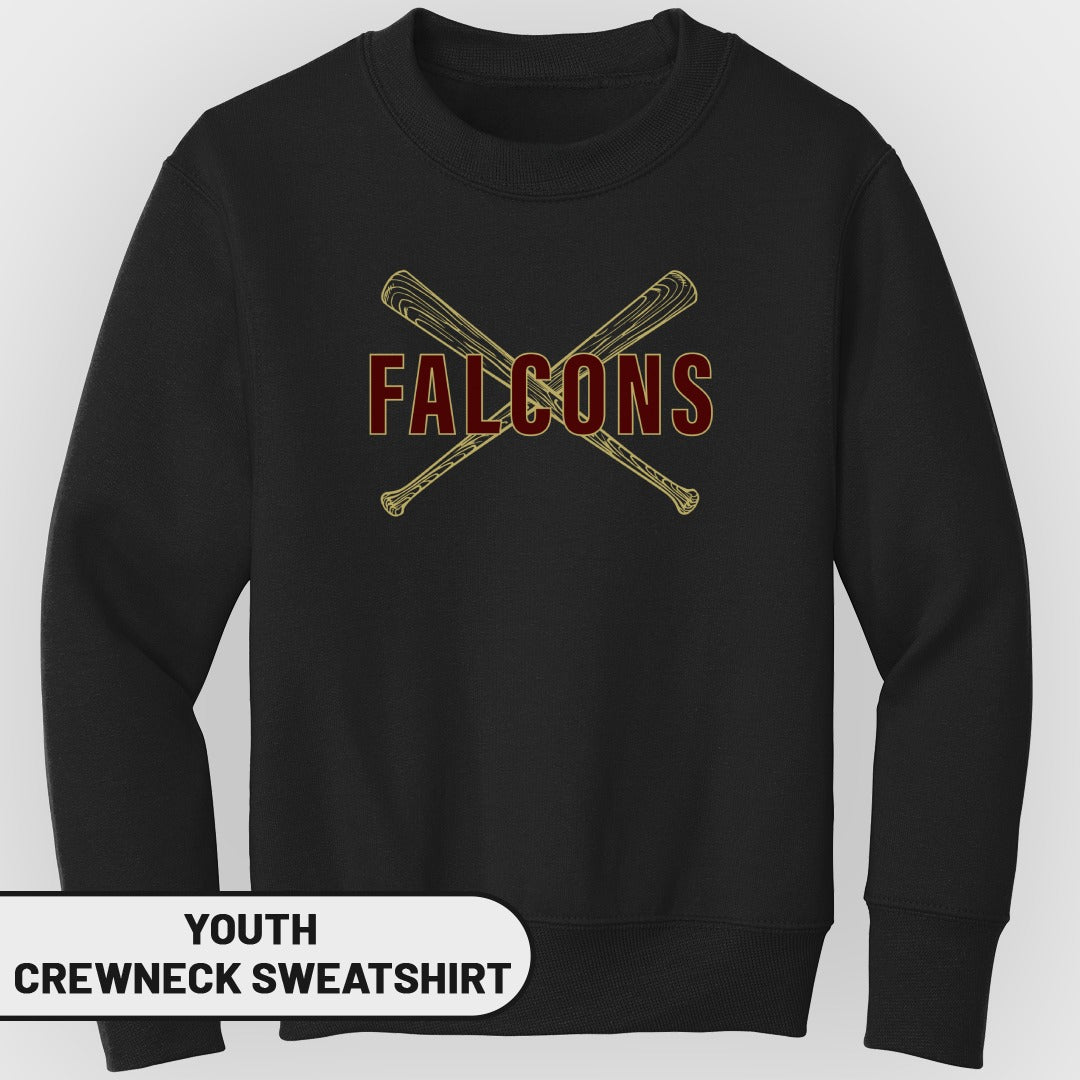 Black youth crewneck sweatshirt with "FALCONS" and crossed baseball bats graphic.