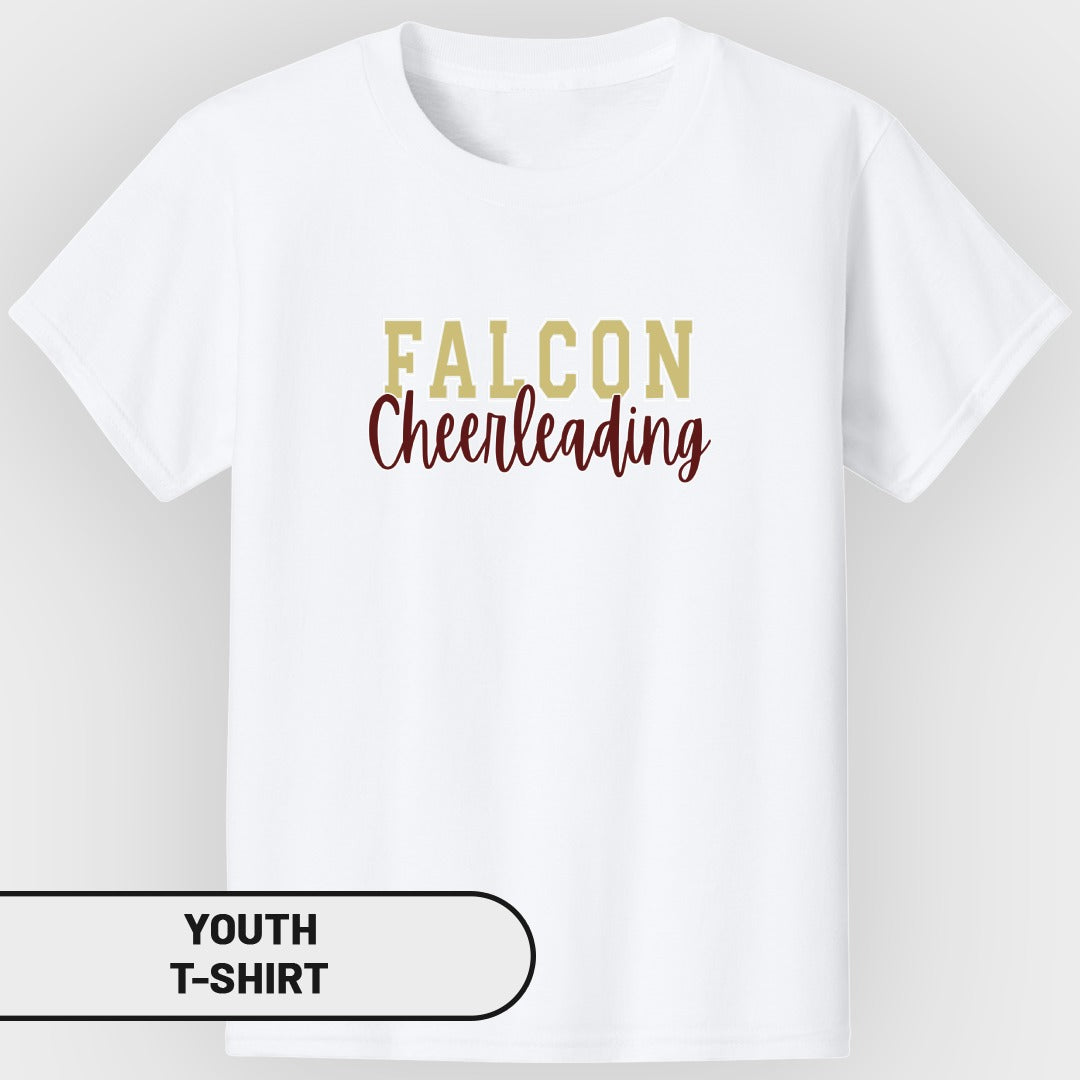 White youth t-shirt with "FALCON Cheerleading" printed on the chest.