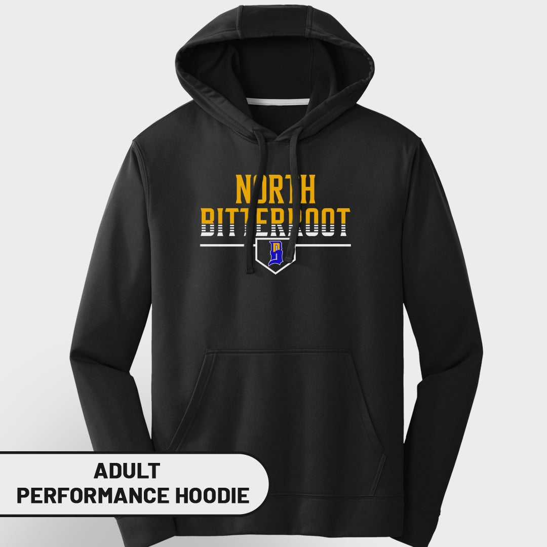 Black adult performance hoodie with "NORTH BITTEROOT" logo and "D" emblem.