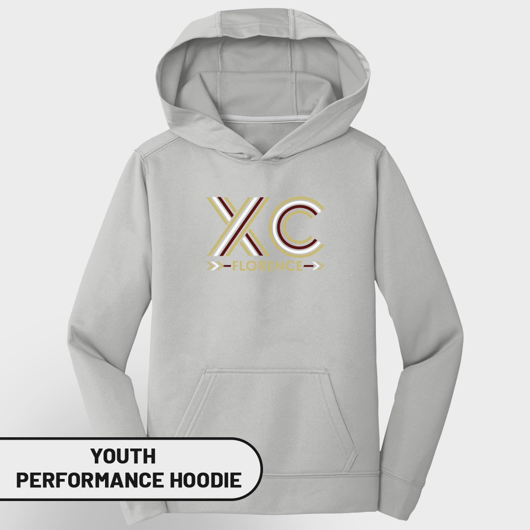 Light grey youth performance hoodie with "XC Florence" graphic across the chest.