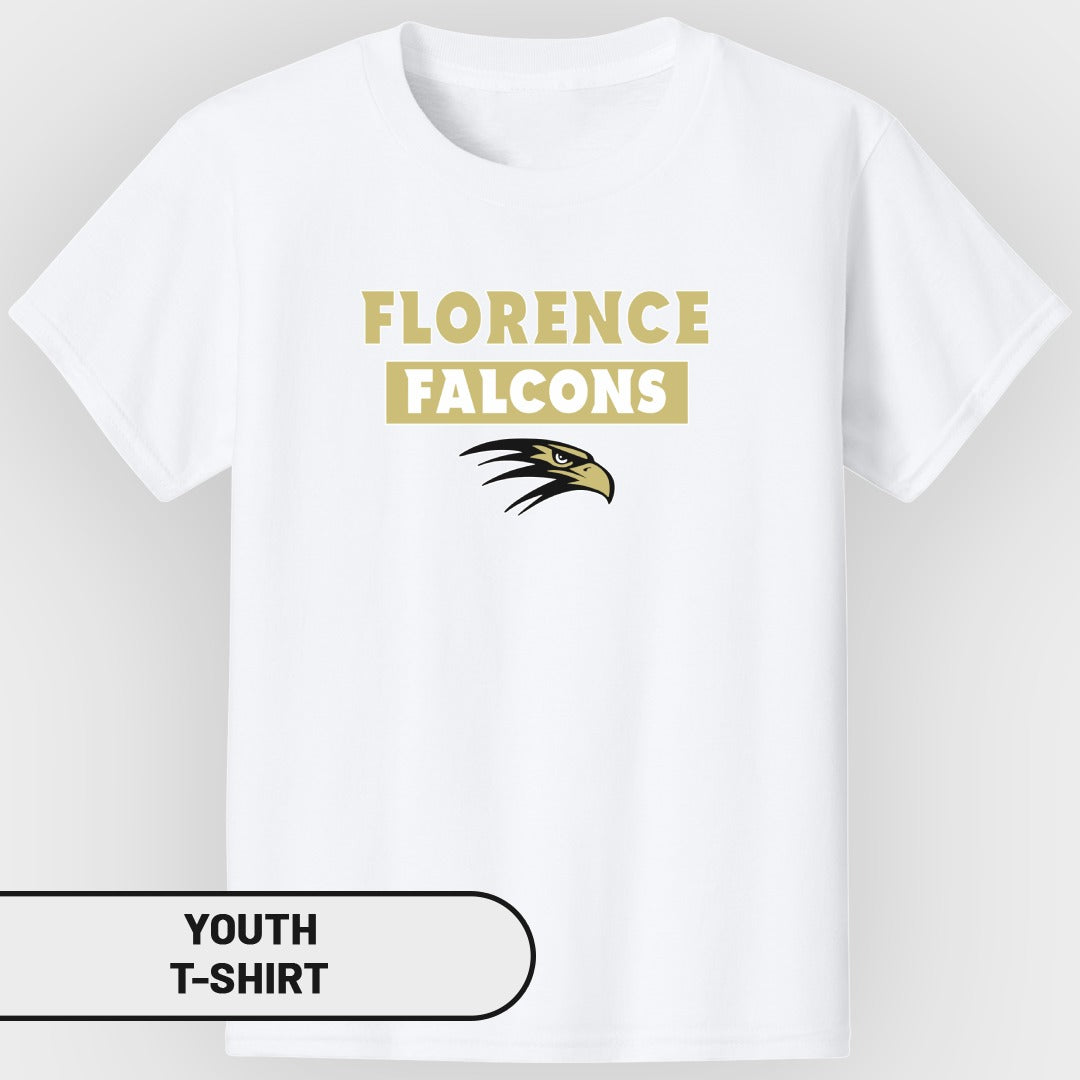 White youth t-shirt with "Florence Falcons" and eagle logo.