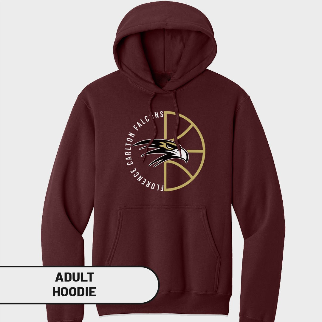 Maroon adult hoodie with Carlton Falcons basketball logo and text.
