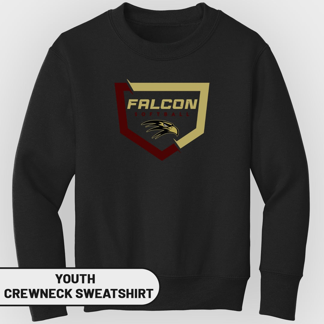 Youth crewneck sweatshirt with Falcon Softball logo featuring an eagle head.