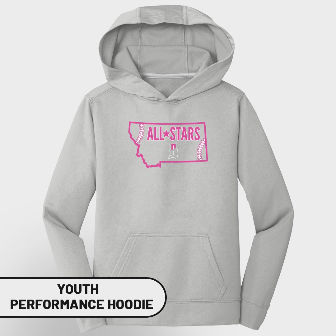 Light grey youth performance hoodie with "All Stars" and a baseball graphic inside a Montana outline.