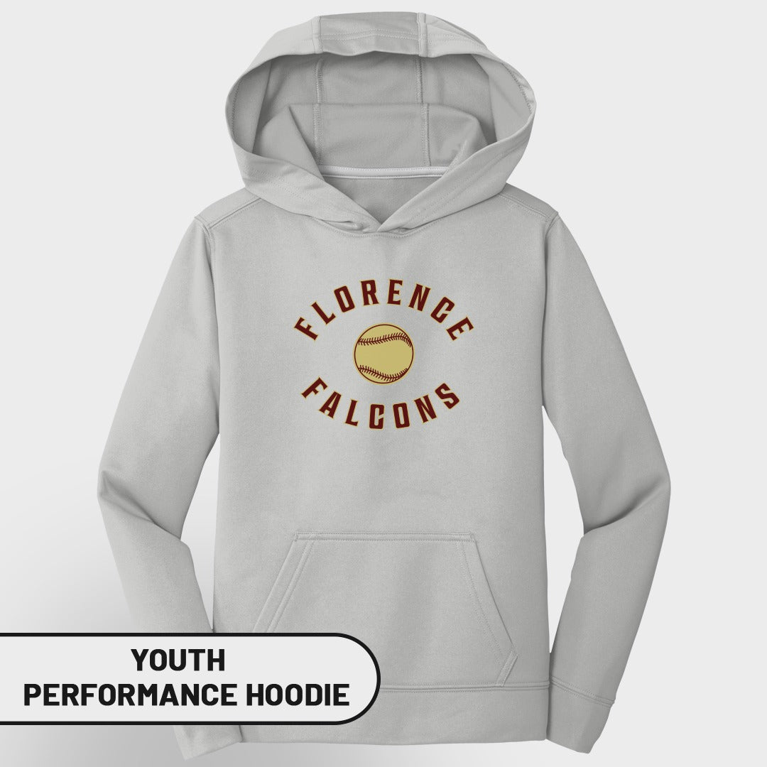 Youth performance hoodie with Florence Falcons softball logo.