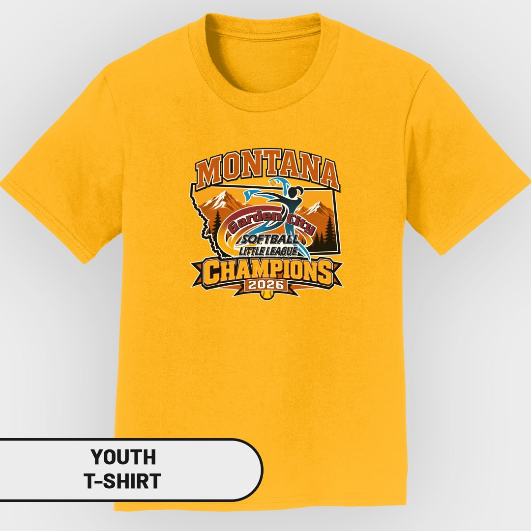 Yellow youth t-shirt with Montana Garden City Softball Little League Champions 2026 graphic.