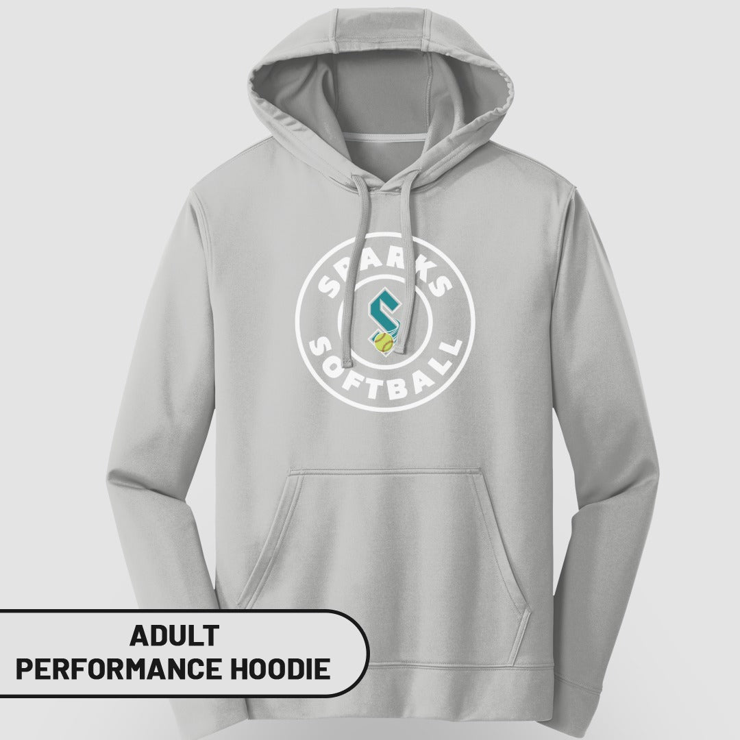 Gray adult performance hoodie with "Sparks Softball" logo.