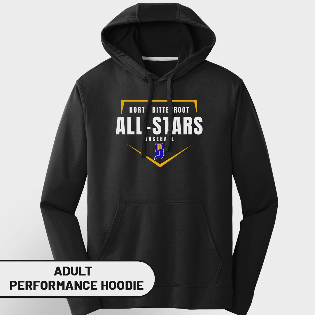 Black adult performance hoodie with "Nort Bitterroot All-Stars Baseball" logo.