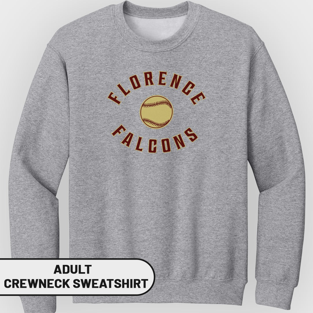 Gray adult crewneck sweatshirt with "Florence Falcons" and baseball graphic.