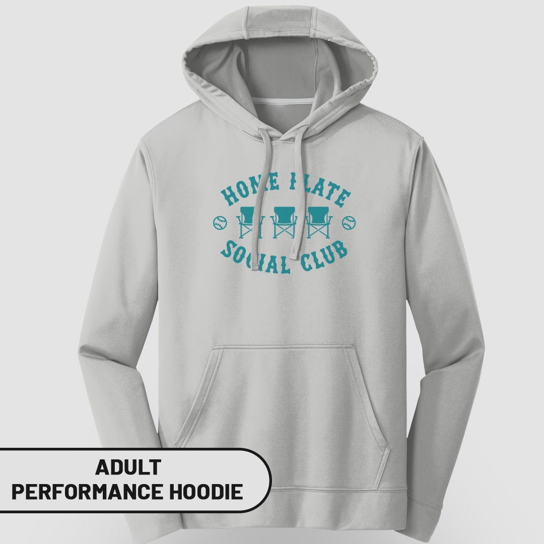 Grey adult performance hoodie with "Home Plate Social Club" logo.