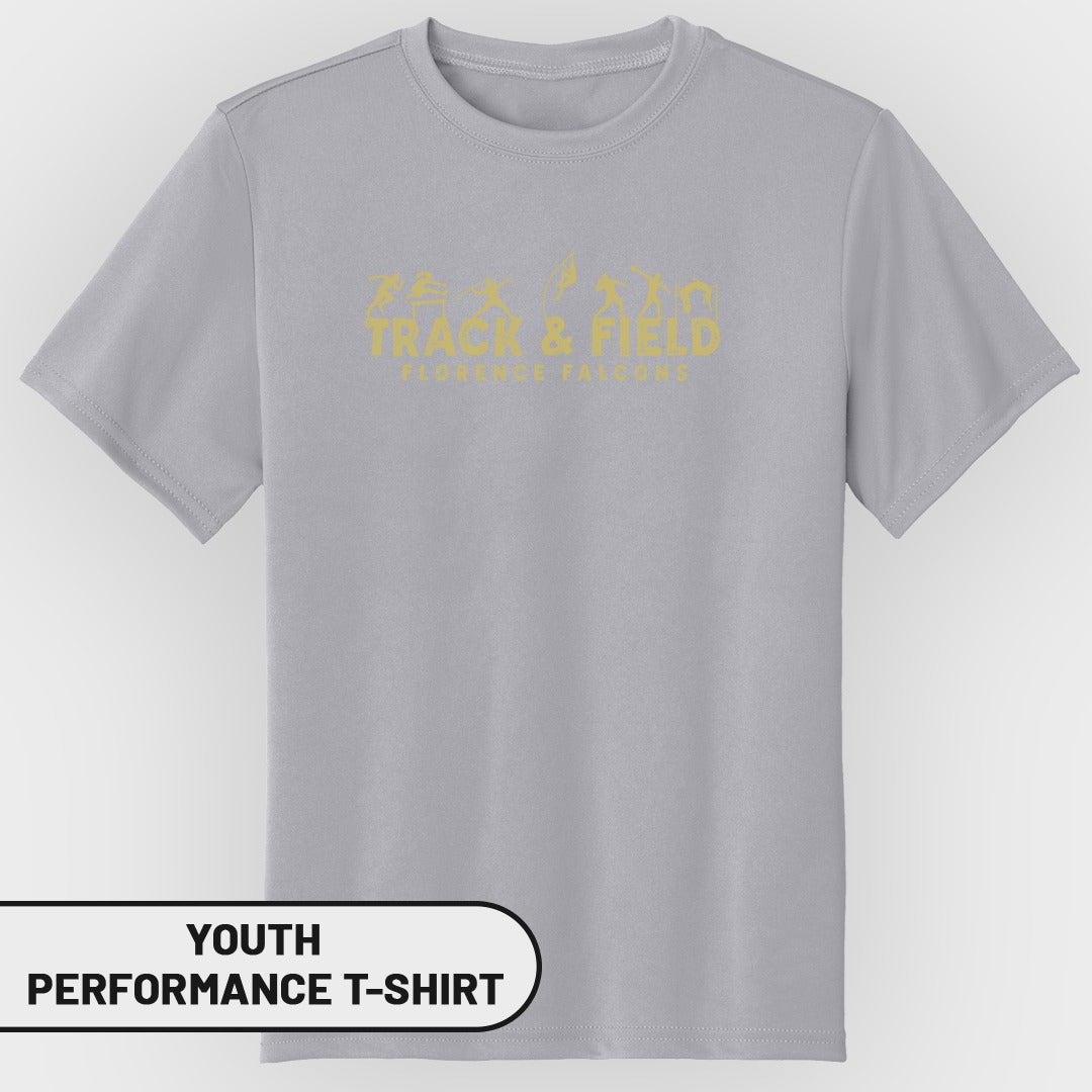 Gray youth performance t-shirt with yellow "TRACK & FIELD FLORENCE FALCONS" text.