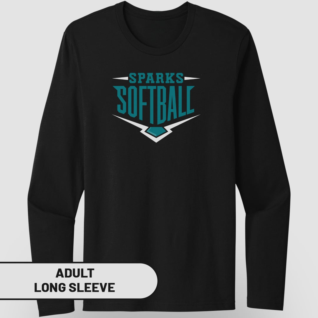 Black long-sleeve shirt with "SPARKS SOFTBALL" logo.