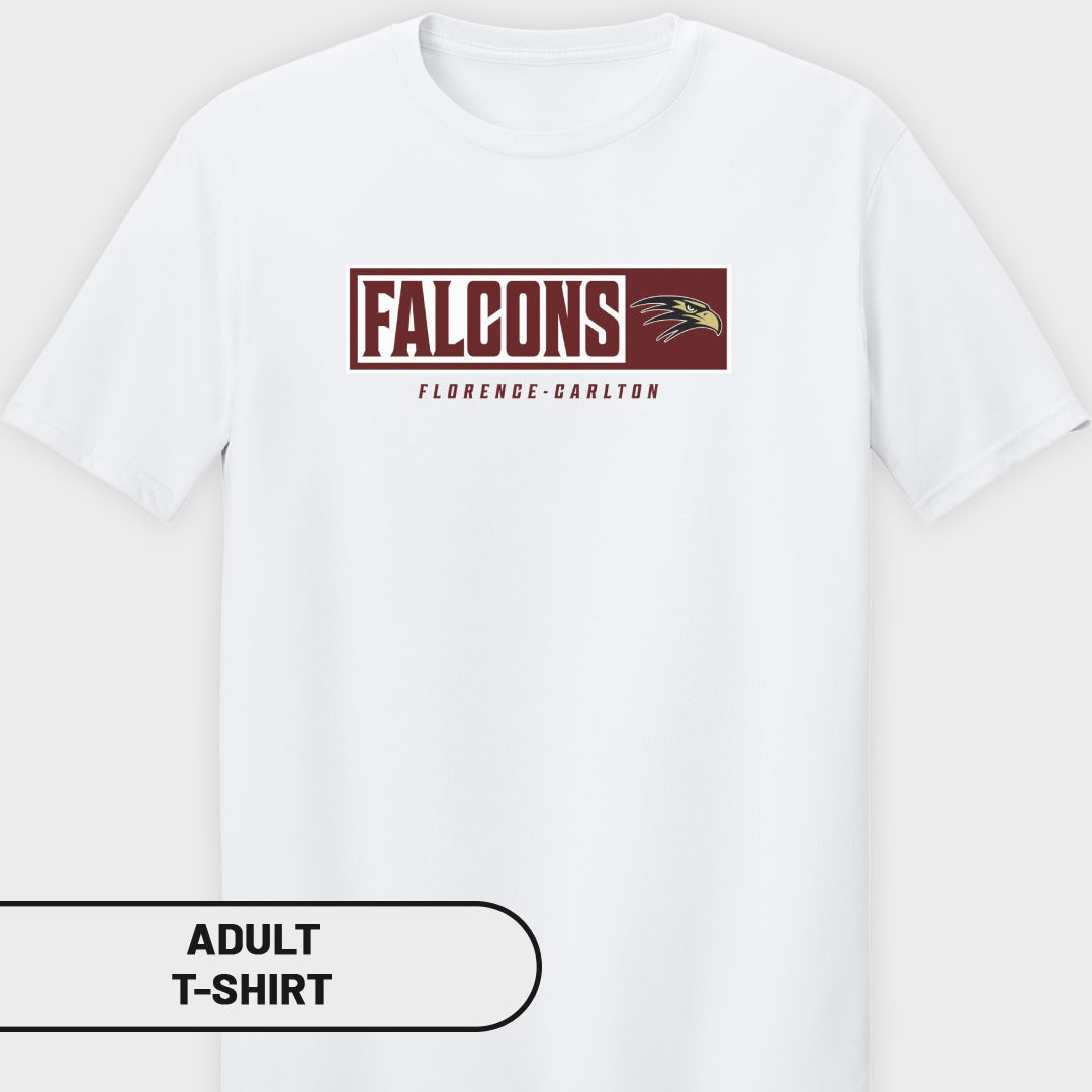 White adult t-shirt with "FALCONS Florence-Carlton" logo featuring a hawk's head.