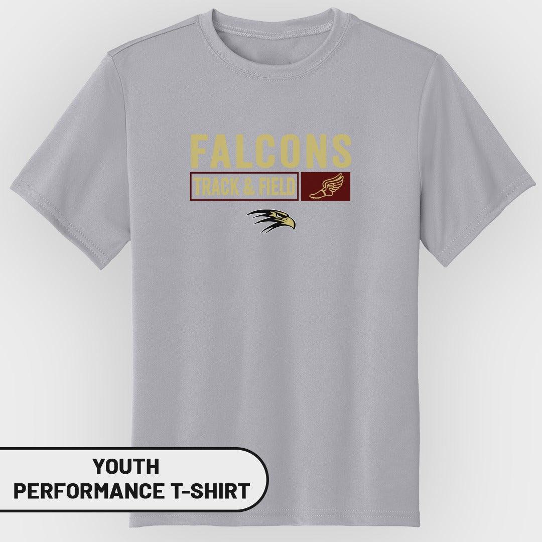 Light grey youth performance t-shirt with "FALCONS TRACK & FIELD" and eagle logo.