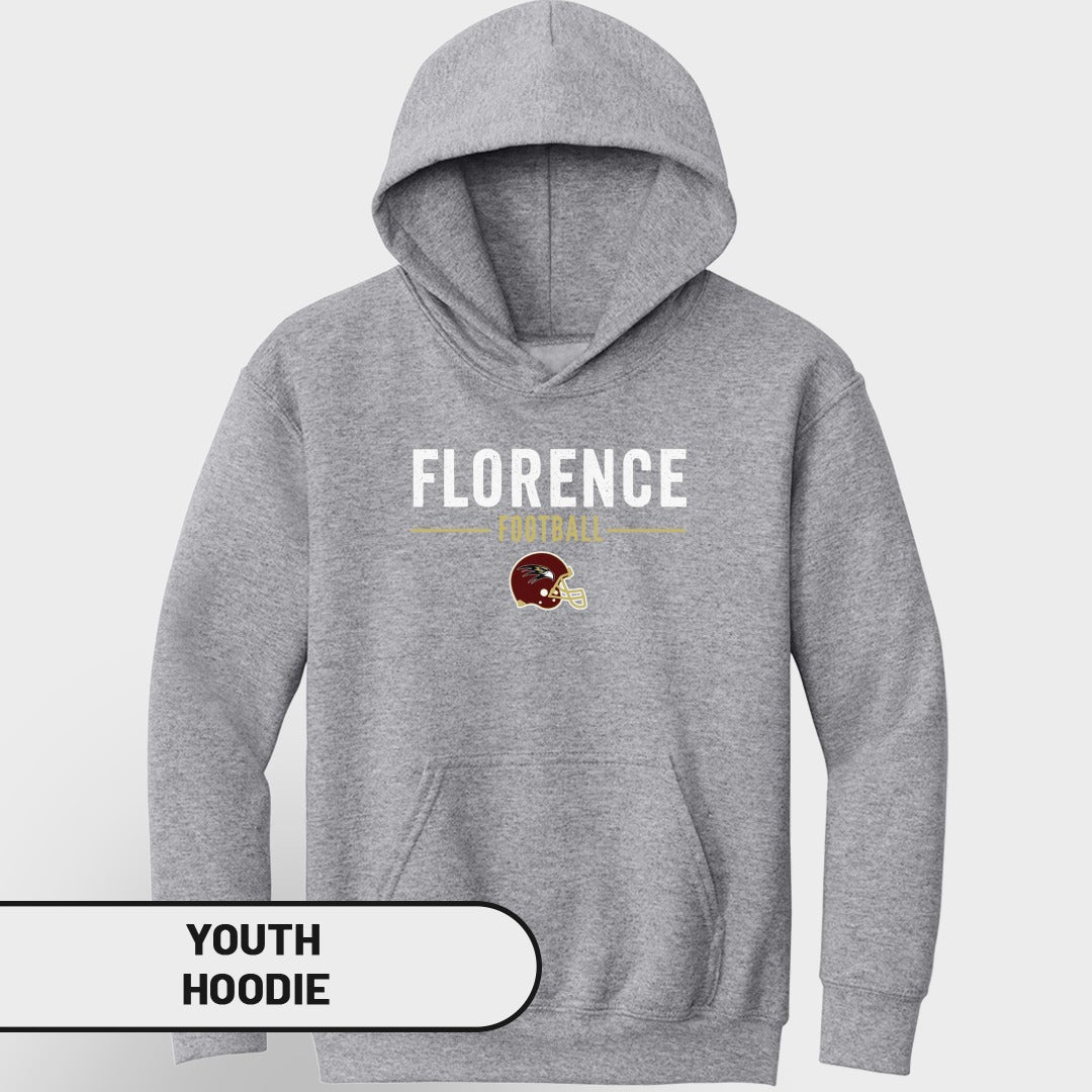 Grey youth hoodie with "Florence Football" text and a helmet graphic.