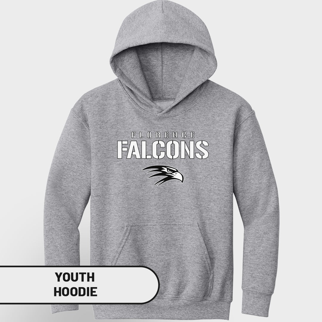 Grey youth hoodie with "Florence Falcons" text and eagle logo.