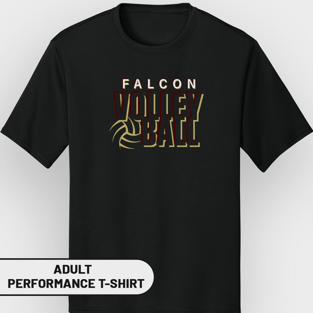 Black adult performance t-shirt with "FALCON VOLLEYBALL" text and volleyball graphic.