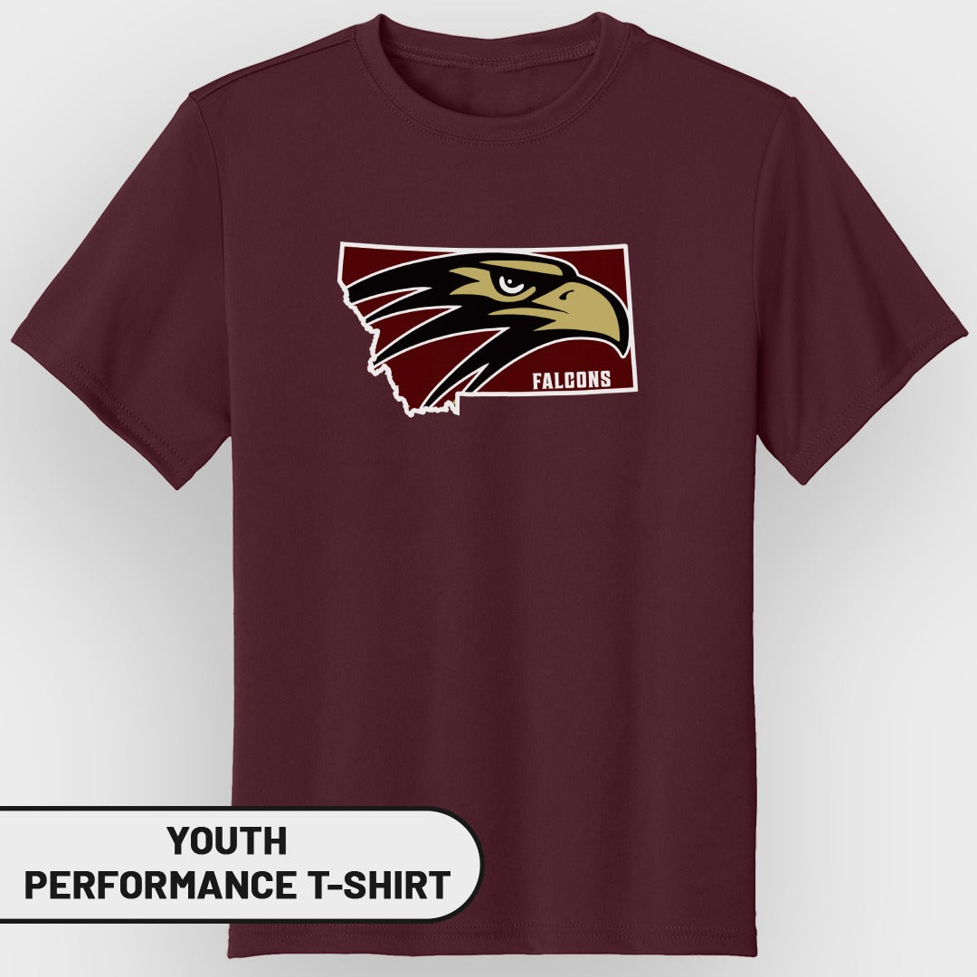 Maroon youth performance t-shirt with a falcon logo within a Montana outline.