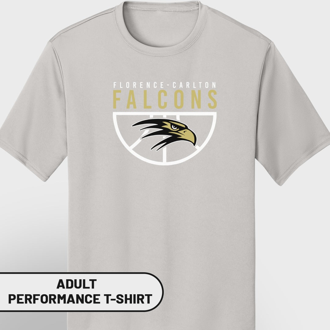 Light gray adult performance t-shirt with Florence-Carlton Falcons logo and basketball graphic.