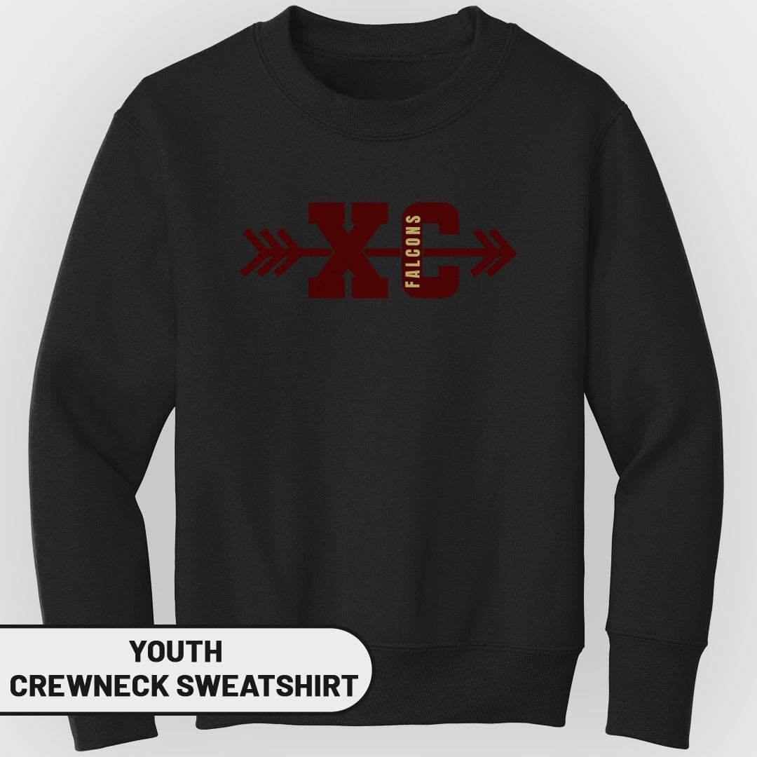 Youth crewneck sweatshirt with maroon XC Falcons logo and arrows.