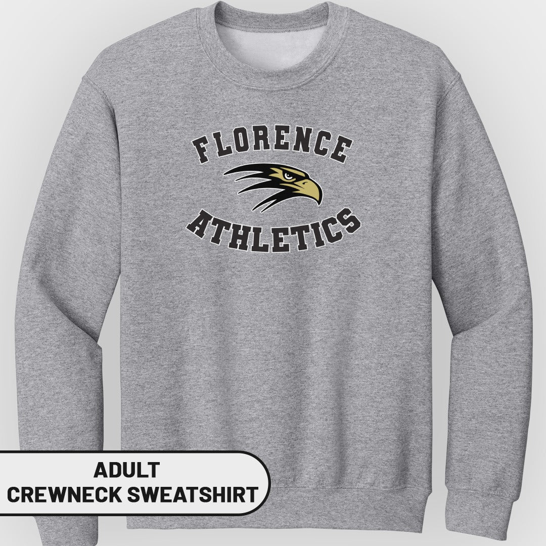 Grey adult crewneck sweatshirt with "FLORENCE ATHLETICS" and eagle logo.