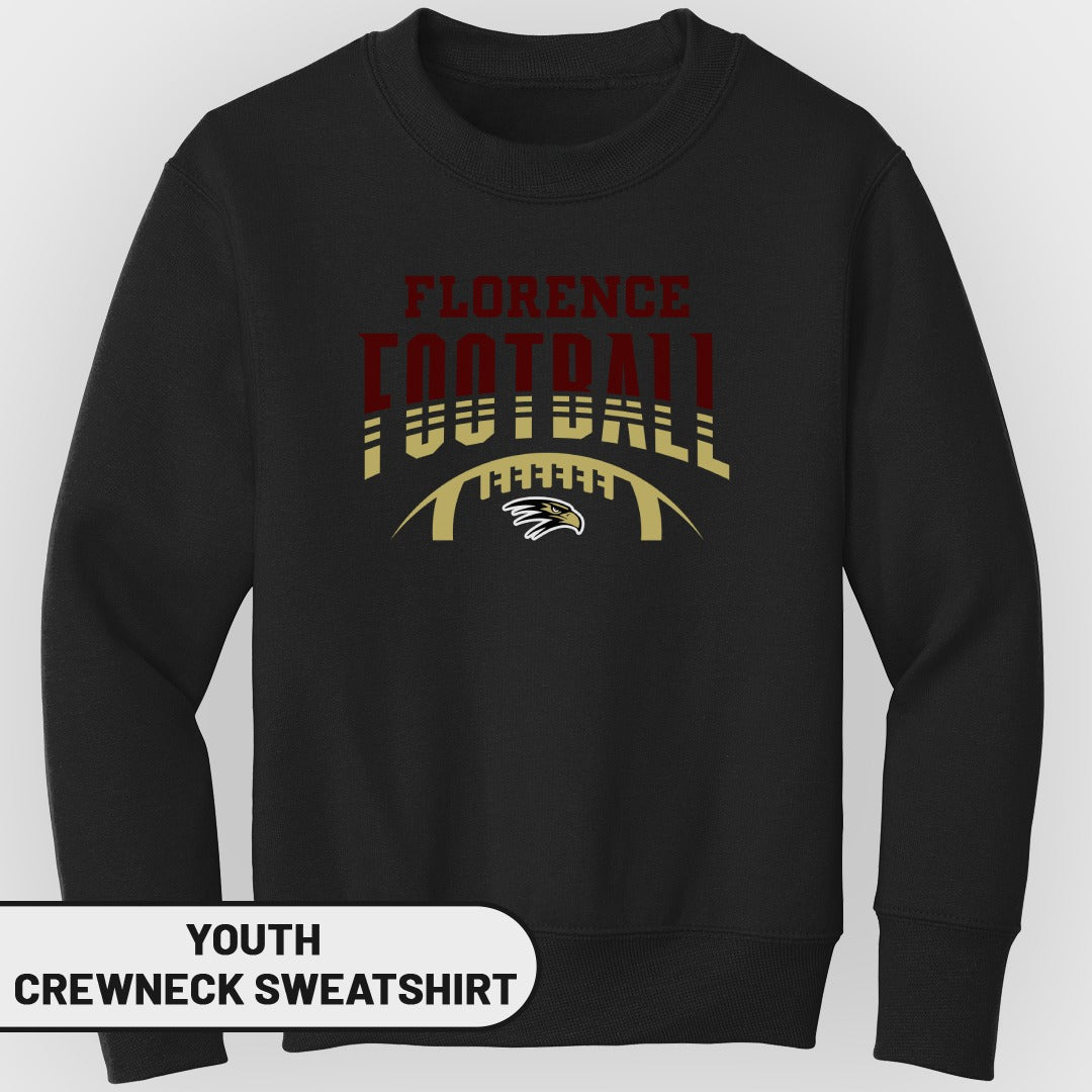 Black youth crewneck sweatshirt with Florence Football graphic and eagle logo.