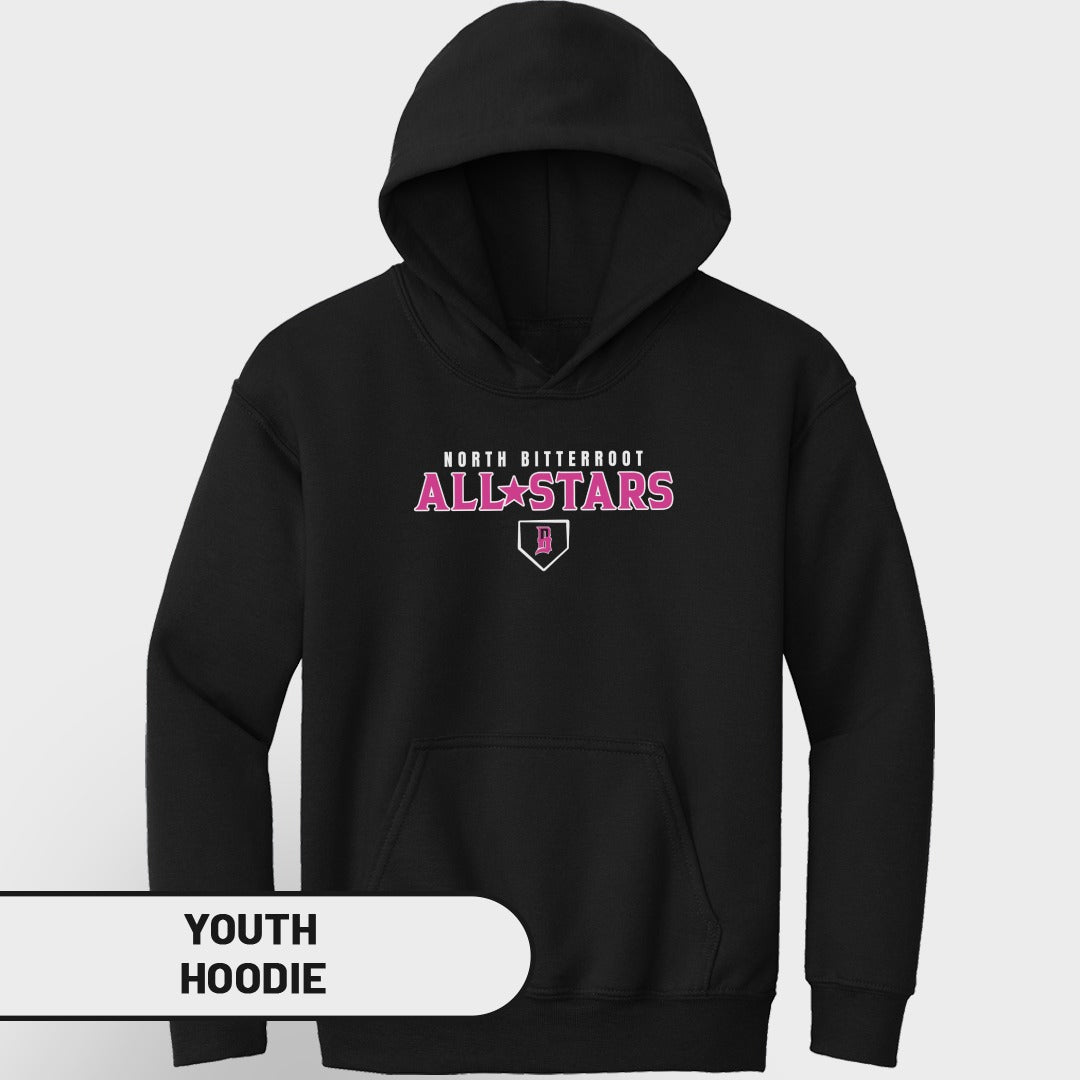 Black youth hoodie with "North Bitterroot All-Stars" logo.