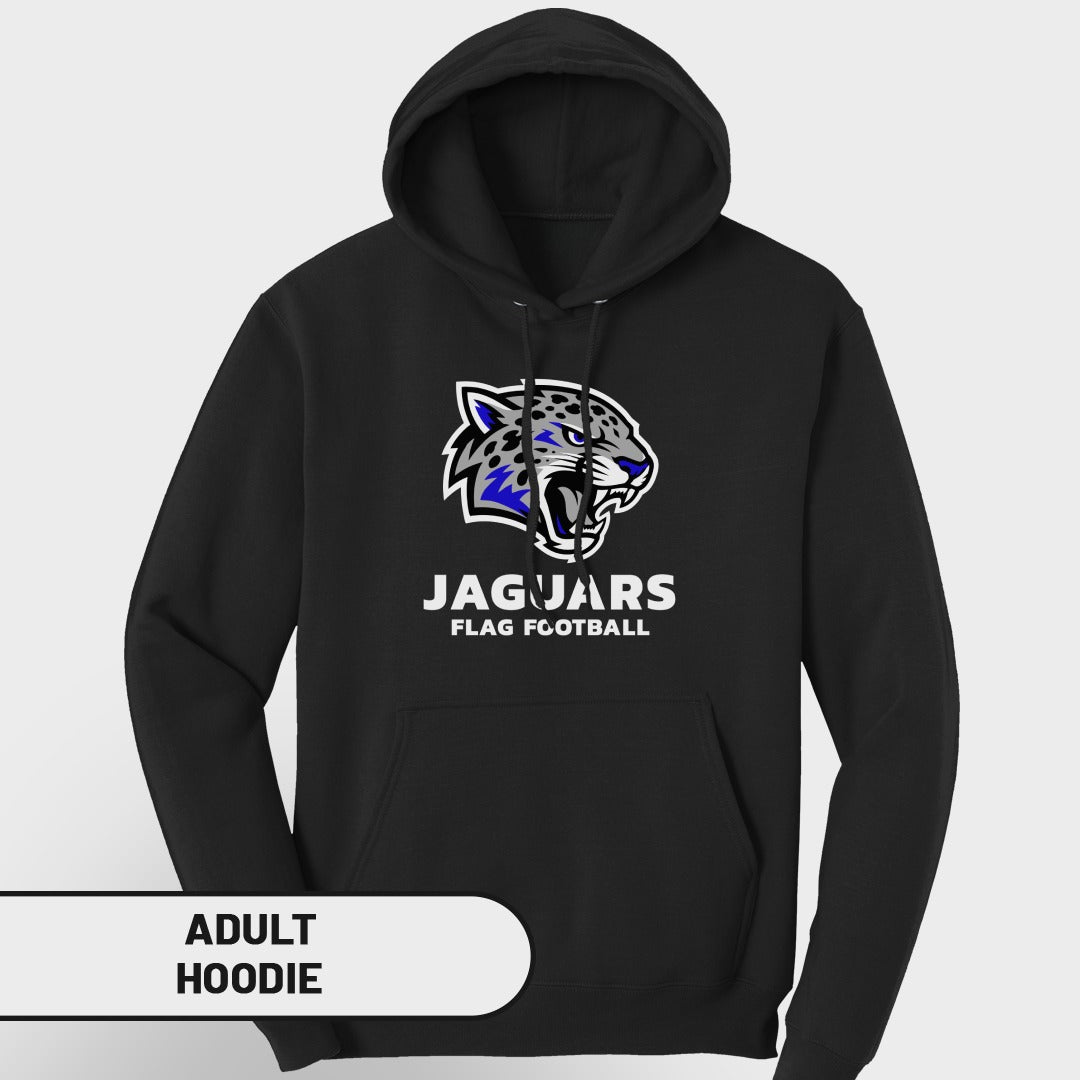 Black adult hoodie with Jaguars flag football logo and text.