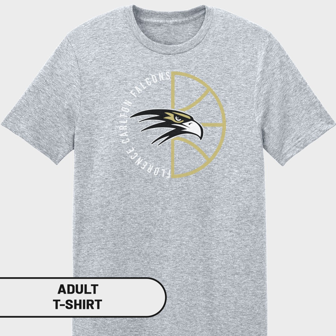 Grey t-shirt with Florence Carlton Falcons logo and basketball graphic.