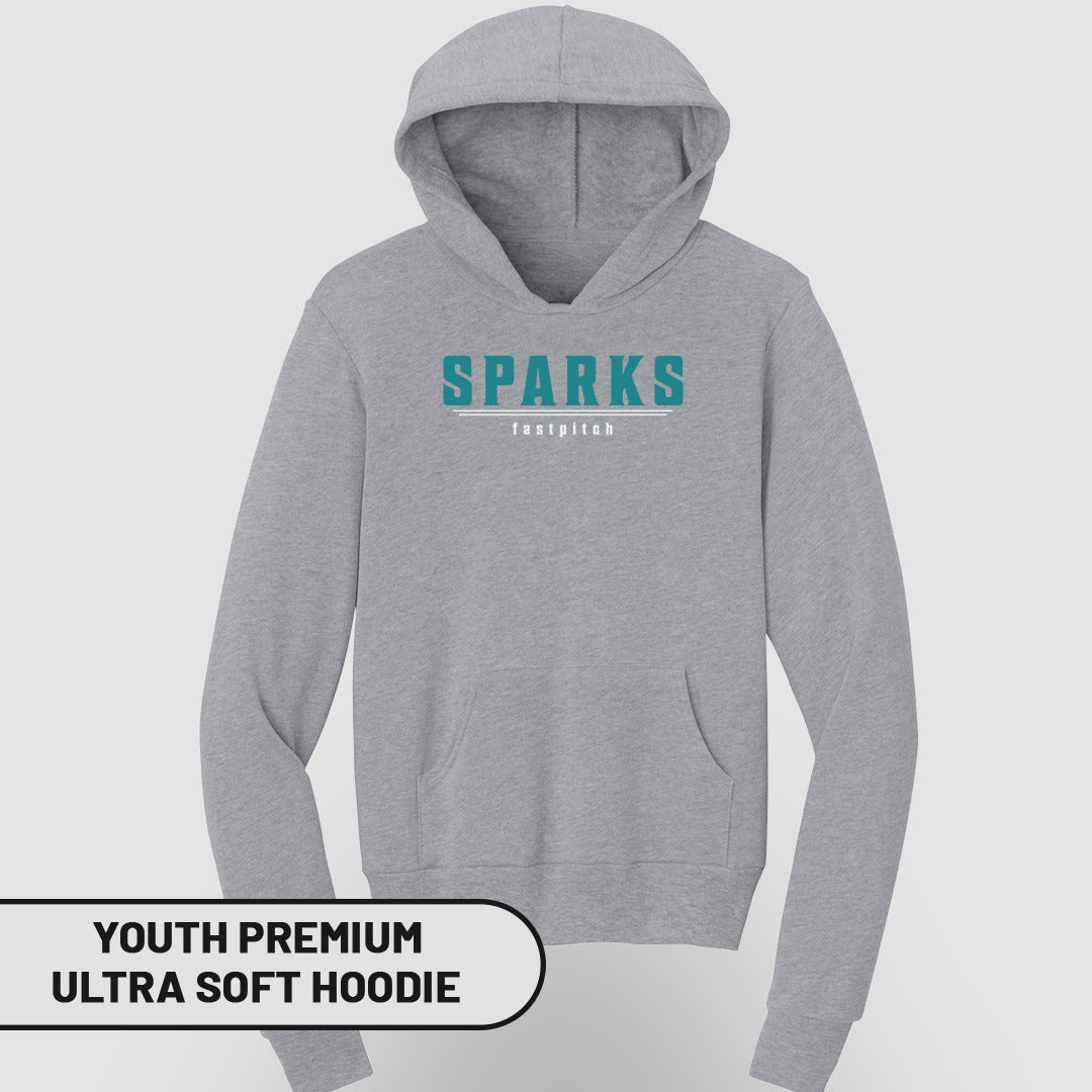 Gray youth hoodie with "SPARKS fastpitch" text and pocket.