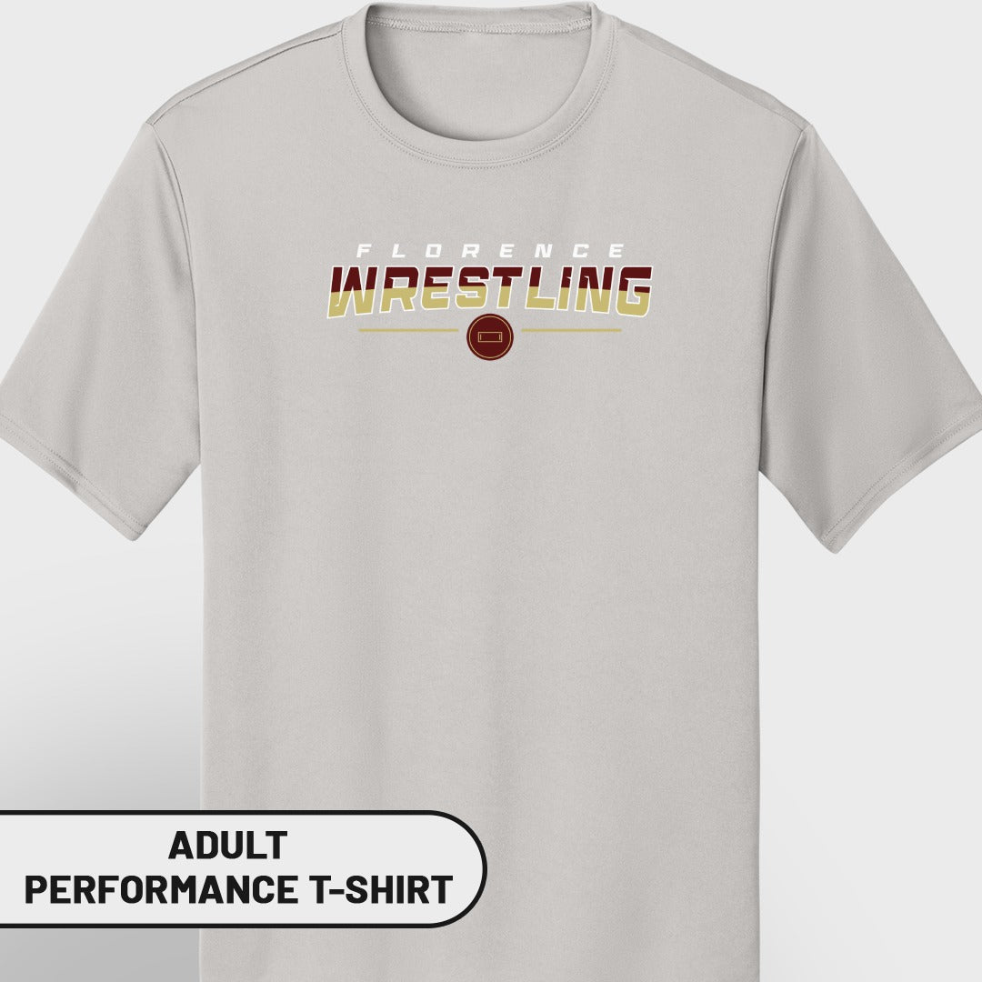 Light gray adult performance t-shirt with "Florence Wrestling" text and logo.