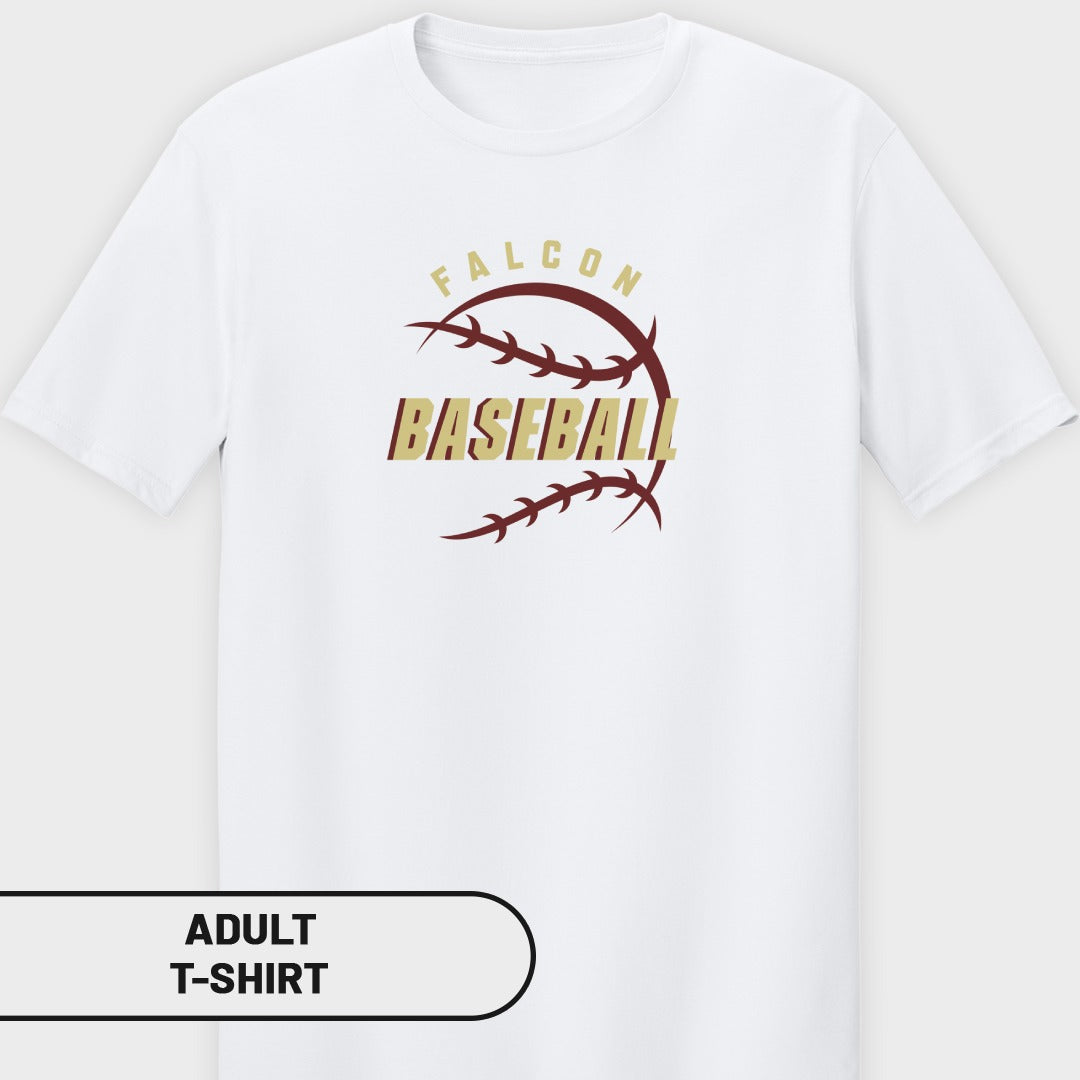 White adult t-shirt with "FALCON BASEBALL" text on a baseball graphic.