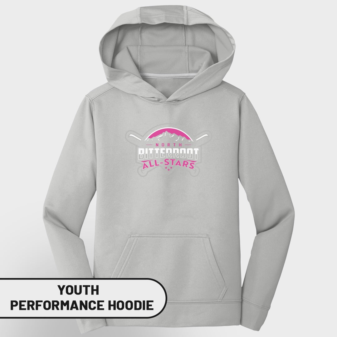 Gray youth performance hoodie with "North Bitterroot All-Stars" logo.
