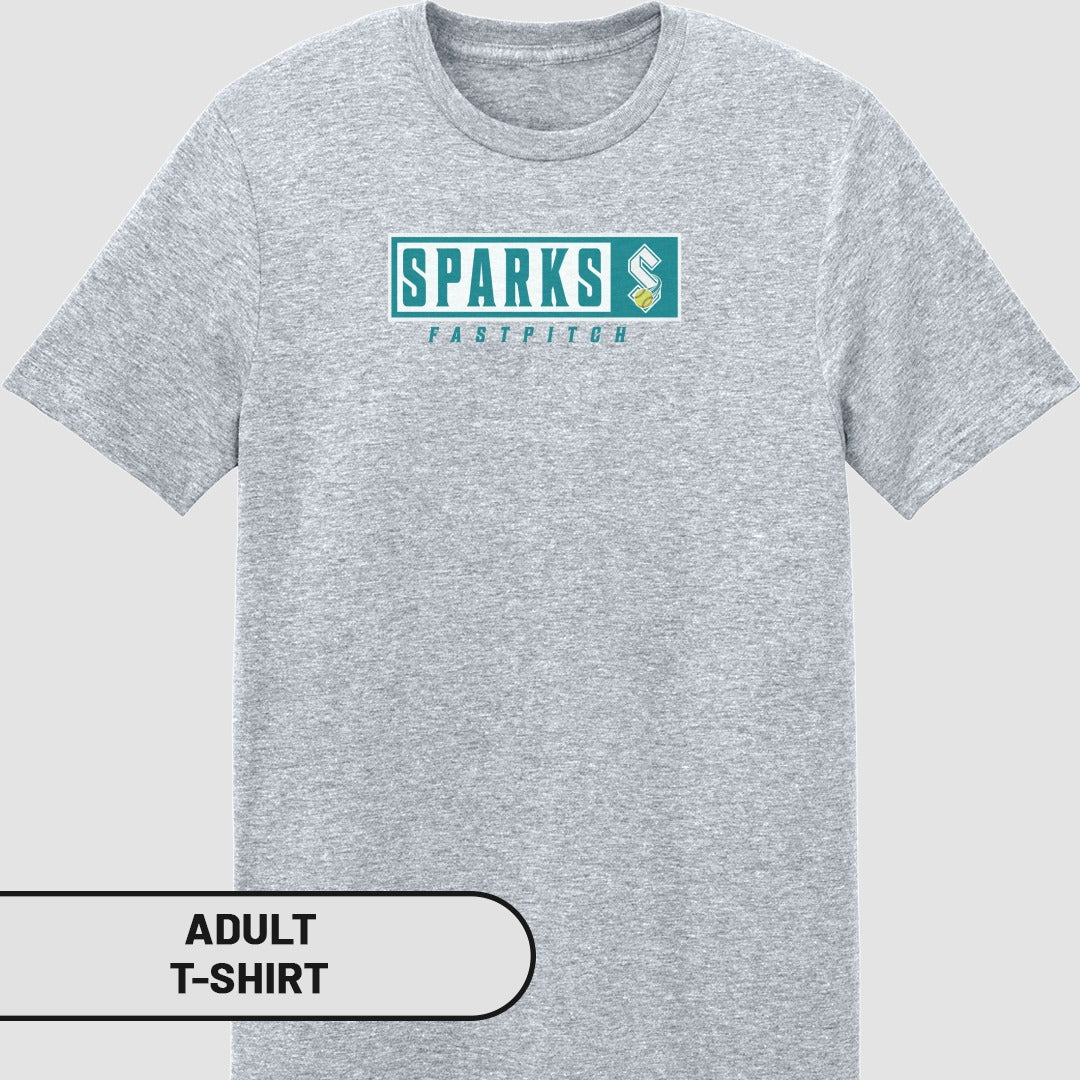 Grey adult t-shirt with "SPARKS FASTPITCH" logo.