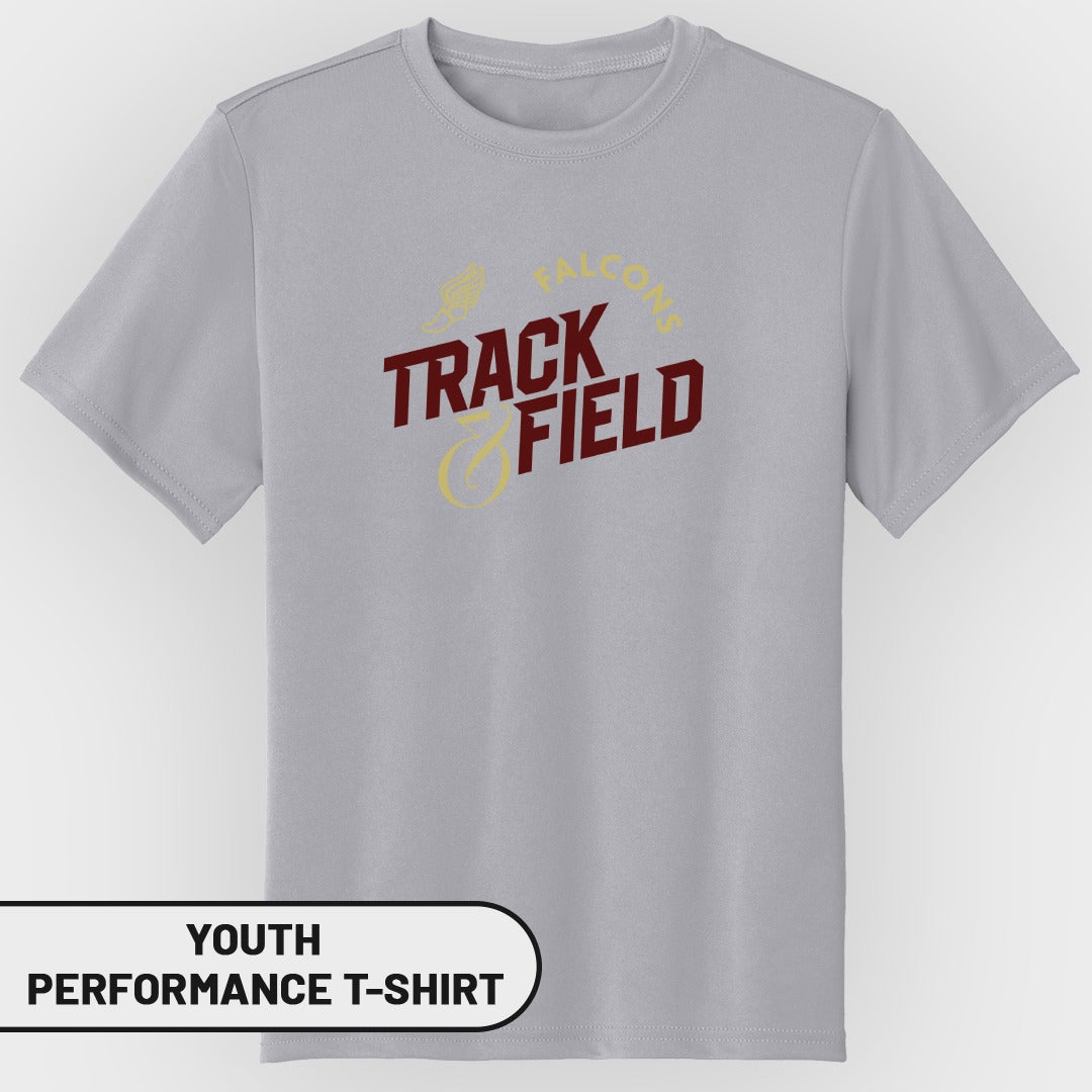 Light gray youth performance t-shirt with "FALCONS TRACK FIELD" graphic.