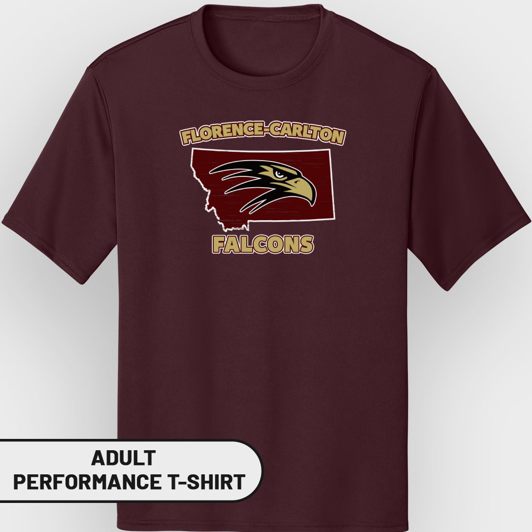 Maroon t-shirt with Florence-Carlton Falcons Montana outline graphic.