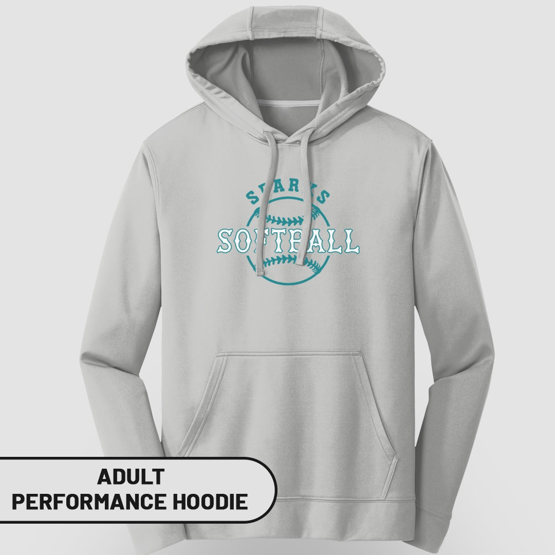 Grey adult performance hoodie with "STARS SOFTBALL" text and baseball graphic.