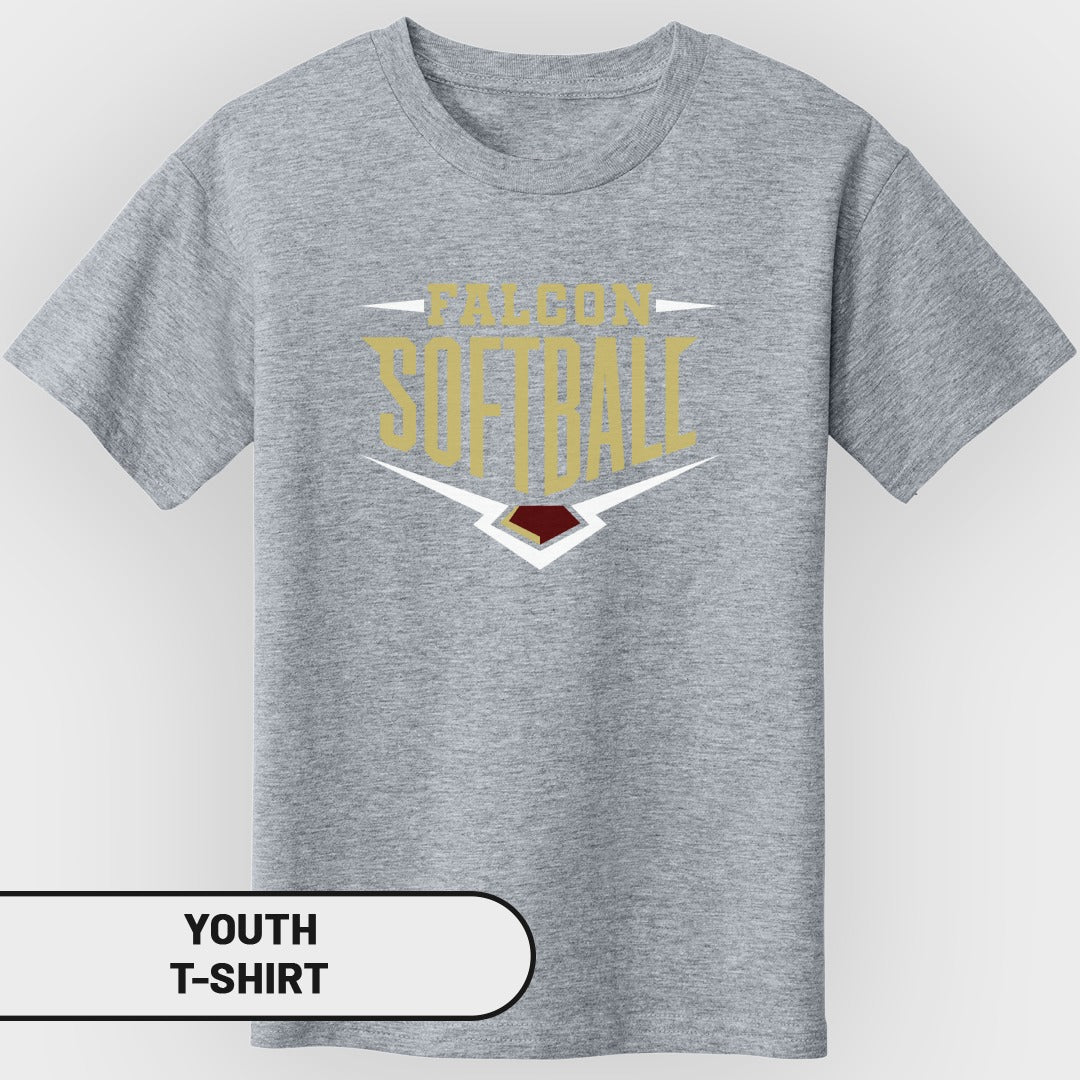 Grey youth t-shirt with "FALCON SOFTBALL" text and graphic.