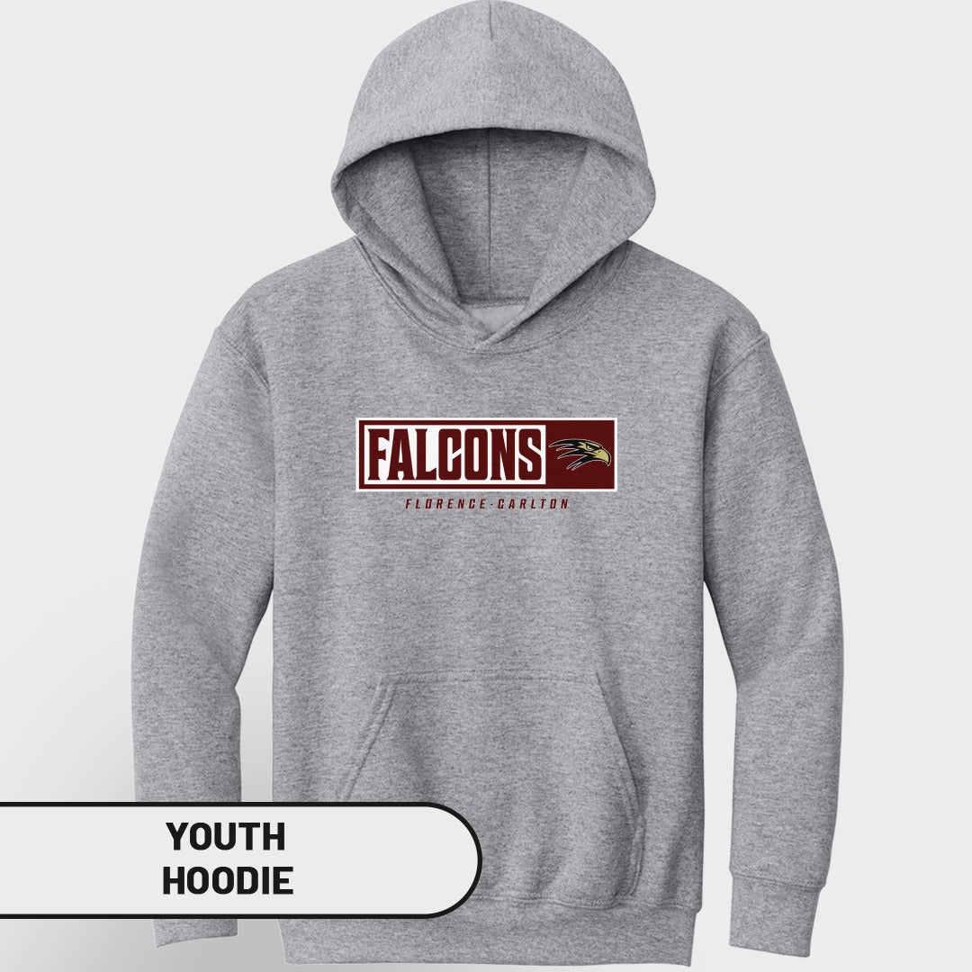 Grey youth hoodie with a rectangular logo reading "FALCONS" and a falcon graphic.